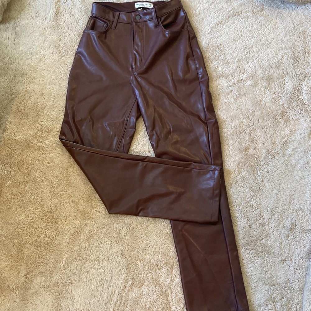 Abercrombie & Fitch Vegan Brown Burgundy Leather Straight leg Pants